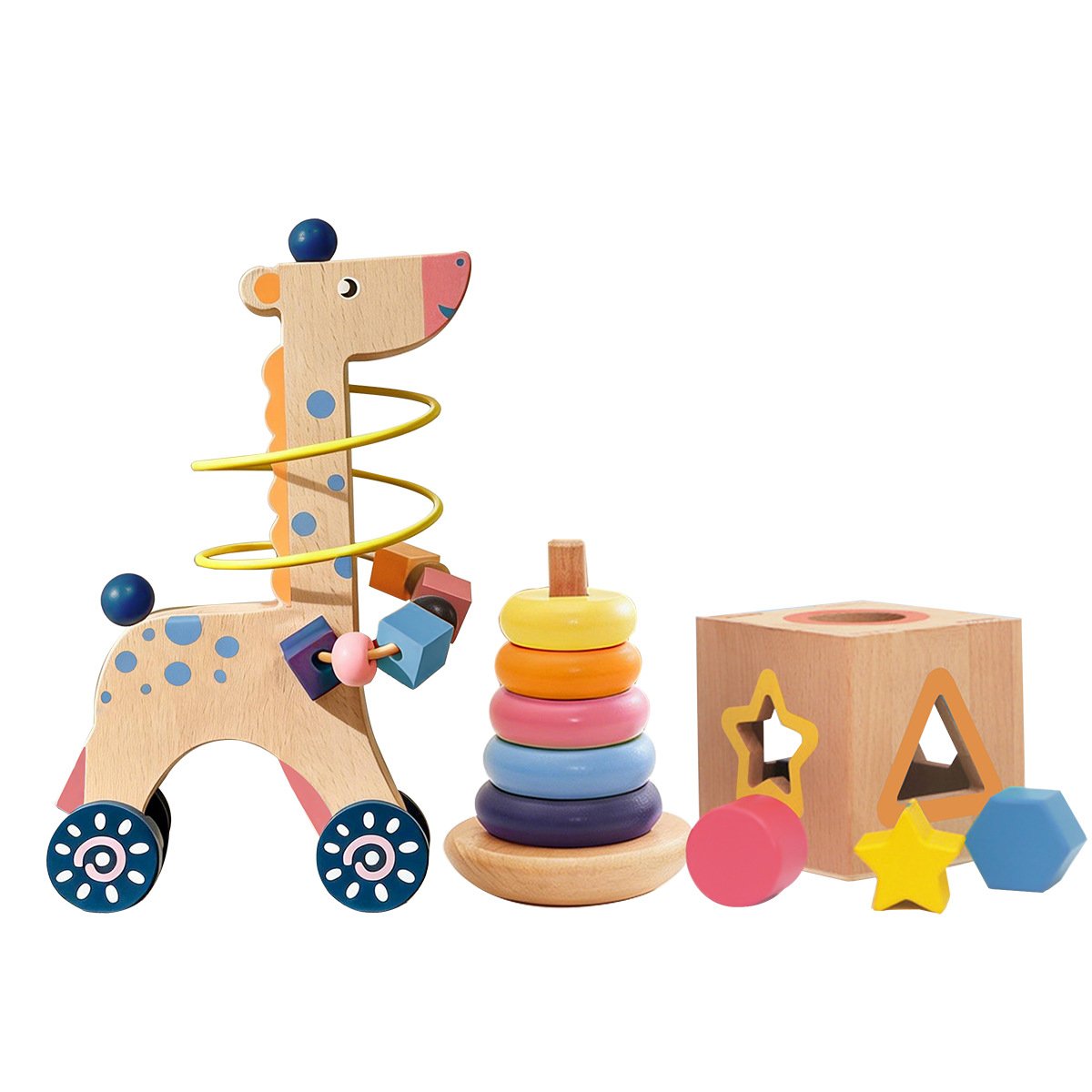 3 in 1 Wooden Shape Set Column Early Education Rainbow Tower Matching Cube Rolling Beads Montessori Baby Toy 3 in 1 Wooden Shape Set Column Early Education Rainbow Tower Matching Cube Rolling Beads Montessori Baby Toy - Image 1