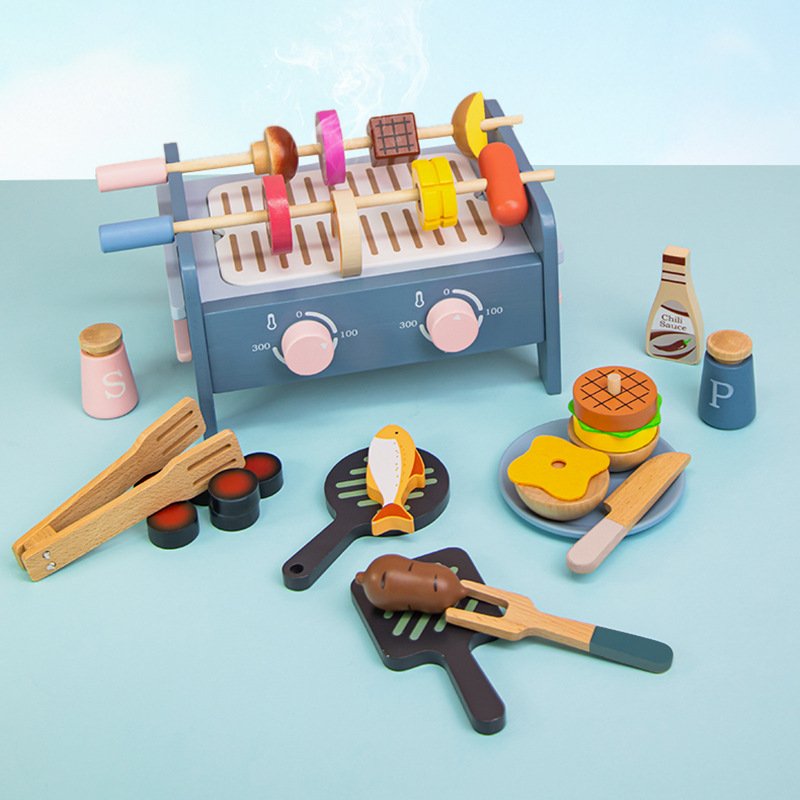 Children's pretend wooden barbecue grill toy simulates barbecue Children's pretend wooden barbecue grill toy simulates barbecue - Image 1