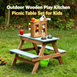 Early Fun Wooden Picnic Table Kids Garden Furniture and Outdoor Pretend Play Mud Kitchen Table and Chairs Activity Baby Toy