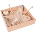 Natural Beechwood Cup Saucer Spoon Scooper Play House Baby Sensory Toys Set With Wooden Tray