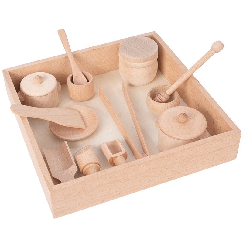 Natural Beechwood Cup Saucer Spoon Scooper Play House Baby Sensory Toys Set With Wooden Tray Natural Beechwood Cup Saucer Spoon Scooper Play House Baby Sensory Toys Set With Wooden Tray - Image 1