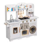 Children's pretend wooden kitchen toy set with simulated kitchenware
