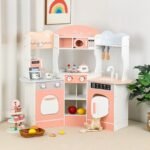 Integrated Wooden Kitchen Stove and Coffee Machine Toy Set for Kids Home Play Fast Push Game