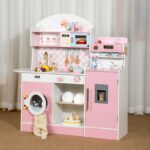 Wooden Kitchen Toy Set with Mini Fridge Stove Cooking Pots Pretend Play Home Decor for Kids Role Play Fun
