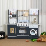 Dark Gray Wooden Pretend Kitchen Toy Set For Kids Playing