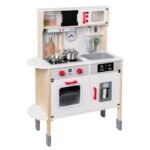 Wooden pretend play kitchen simulation European luxury kitchen toy set for children, educational role-playing, with a water feature