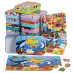 60pcs tin box puzzle, children's cartoon wooden puzzle, early education toy for kindergarten babies