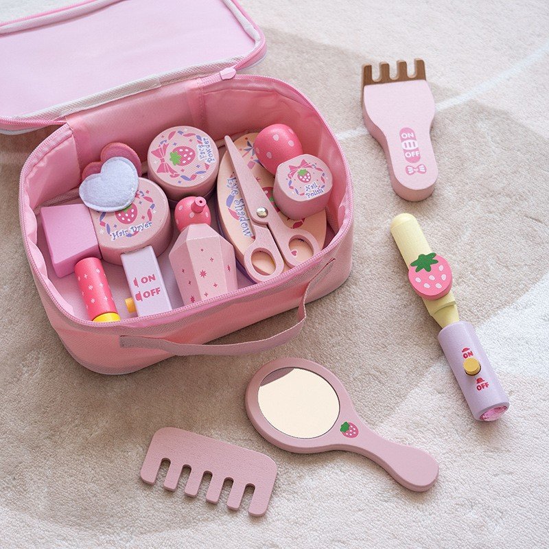 Pretend Beauty Toys With Pink Bag Set Role Playing Game Wooden Make up Set Pretend Beauty Toys With Pink Bag Set Role Playing Game Wooden Make up Set - Image 1