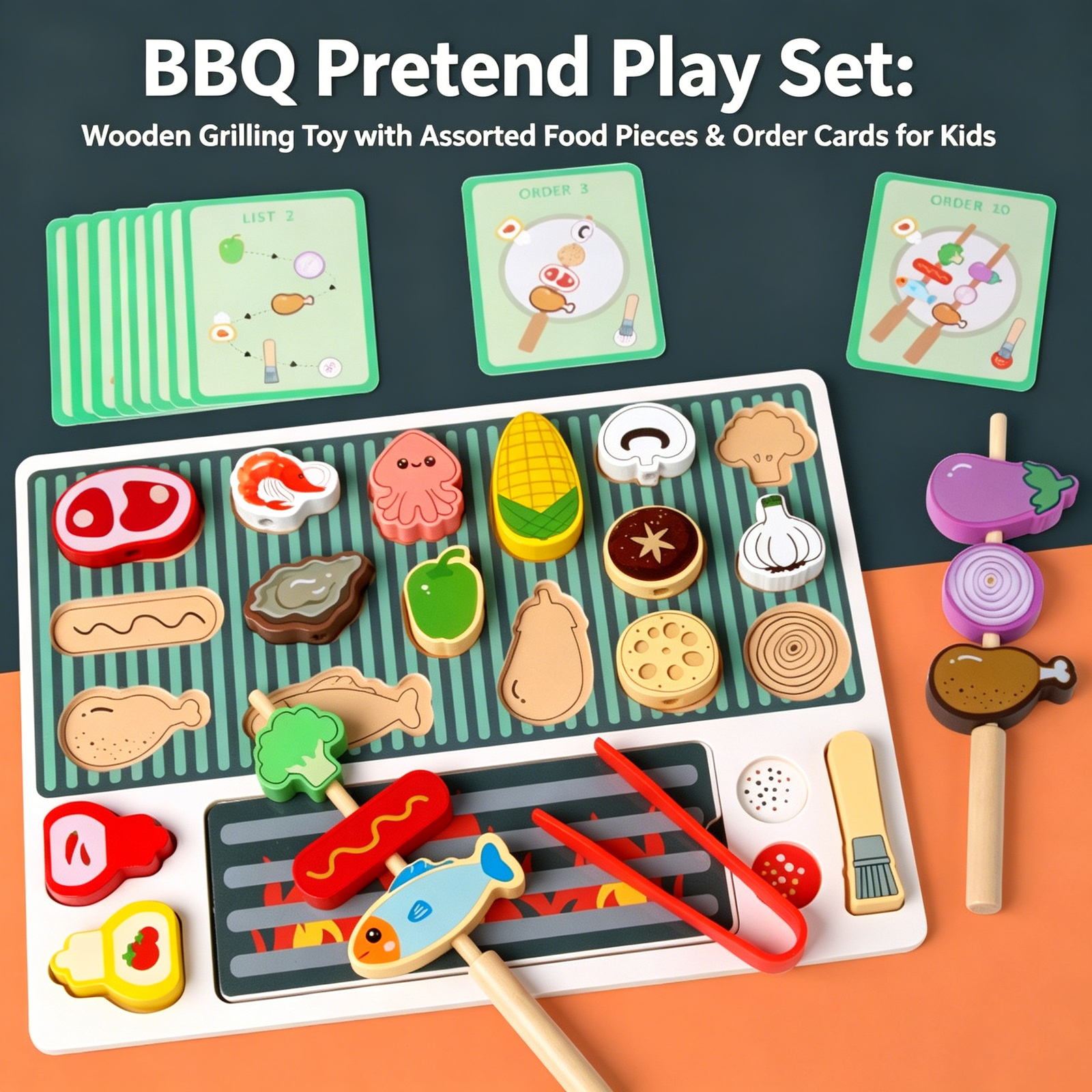 Wooden BBQ Pretend Play Toy with Food Parts, Tools & Order Cards Kids Kitchen Role Play Toy Wooden BBQ Pretend Play Toy with Food Parts, Tools & Order Cards Kids Kitchen Role Play Toy - Image 1