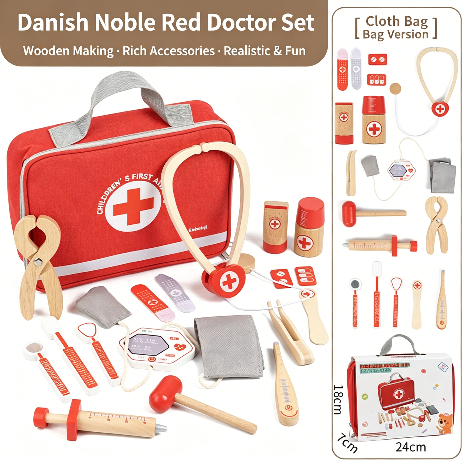 Wooden Children's Handheld Medical Bag, Small Doctor, Family Toy Set Wooden Children's Handheld Medical Bag, Small Doctor, Family Toy Set - Image 1