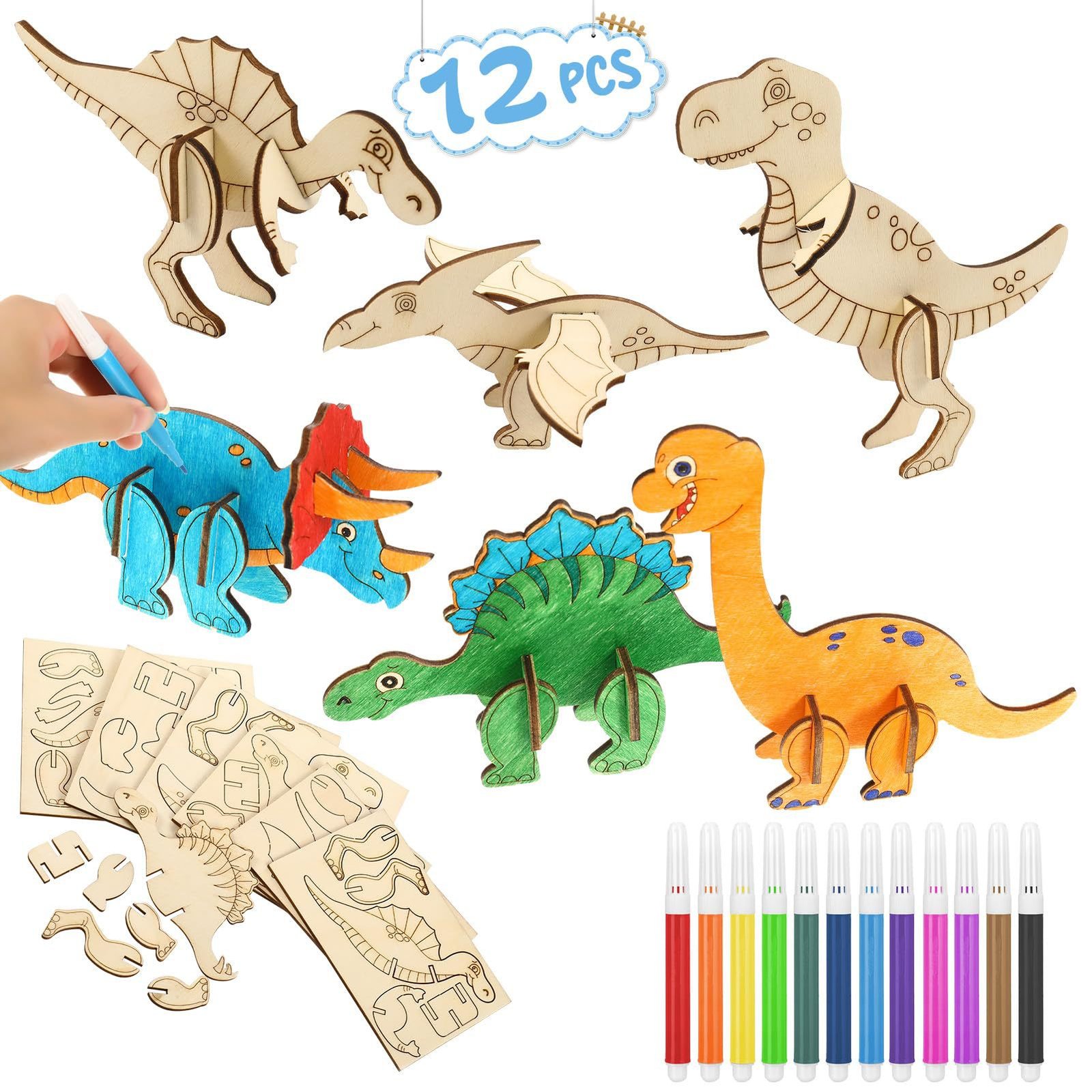 Wooden Dinosaur Crafts for Kids - 3D DIY Painting Kit with 6 Dinosaurs, Brushes & Paint, Preschool Activity and Gift Wooden Dinosaur Crafts for Kids - 3D DIY Painting Kit with 6 Dinosaurs, Brushes & Paint, Preschool Activity and Gift - Image 1