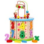 Wooden multi-functional beaded clock and beaded building block treasure box for 1-3 year olds, an educational toy for boys and girls