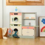 Wooden drum washing machine kitchen cabinet, pretend play toy, simulation laundry storage cabinet, birthday gift for boys and girls.