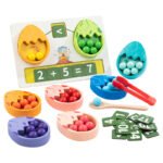 Montessori Eco-friendly Fine Motor Sorting Set Wooden Dinosaur Egg Counting & Math Toy with Tweezers & Beads for Toddlers