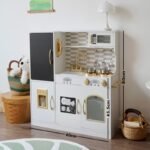 White with Gold Wooden Pretend Cooking Kitchen Toys for Boys and Girls Birthday
