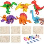 Wooden Dinosaur Crafts for Kids - 3D DIY Painting Kit with 6 Dinosaurs, Brushes & Paint, Preschool Activity and Gift