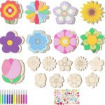36Pcs Flowers Unfinished Wooden Cutouts for Crafts, DIY Wood Cutouts Spring Wooden Arts and Crafts DIY Coloring Flowers Ornaments for Spring Art Activity Home School Party Favors