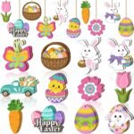 24 Pcs Spring Easter Wooden Ornaments Flower Bunny Egg Hanging Sign for Tree Easter Wooden Decorations with Strings Hanging Ornaments for Party Home Classroom Decor(Bunny Egg Flower)