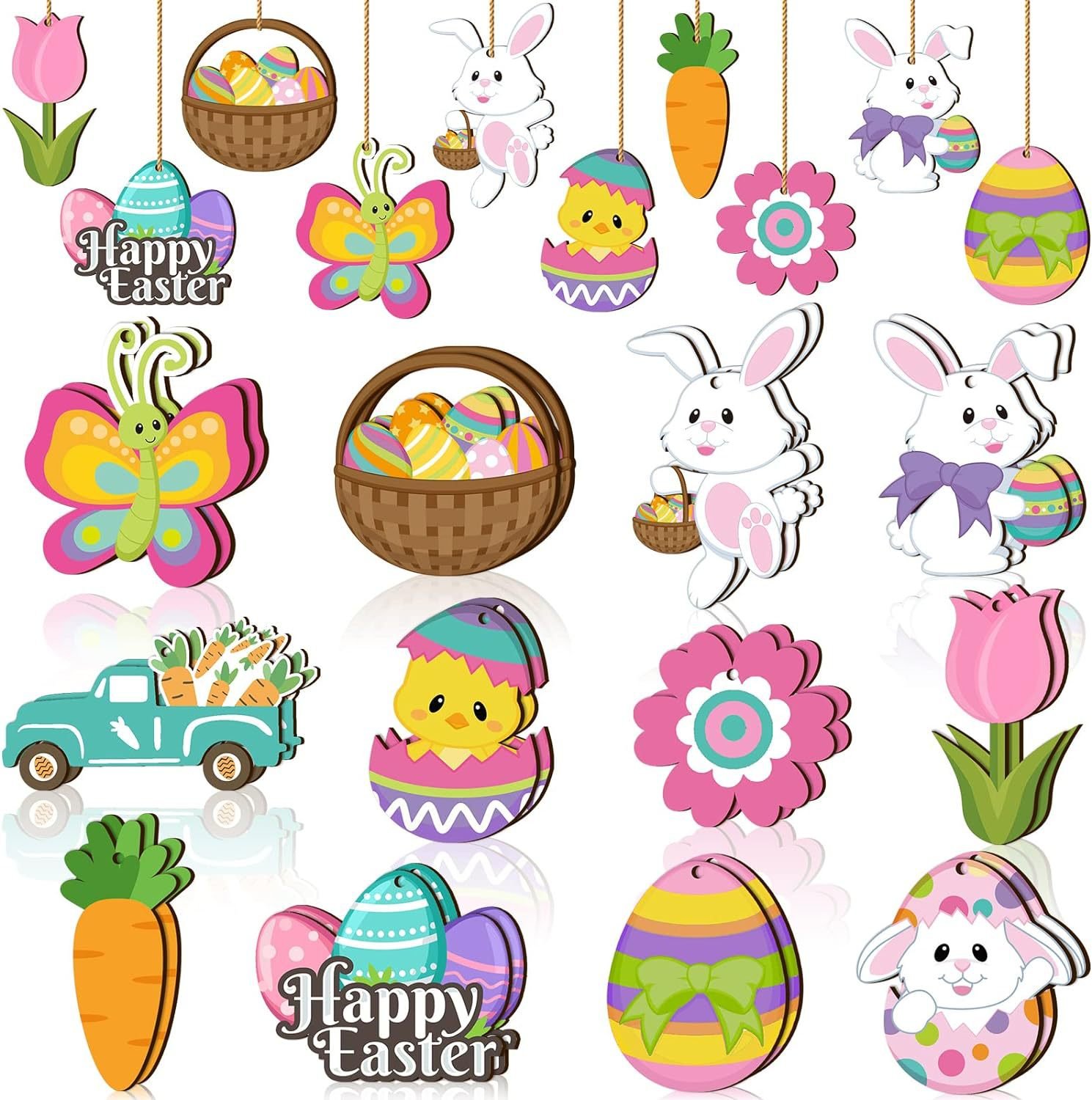 24 Pcs Spring Easter Wooden Ornaments Flower Bunny Egg Hanging Sign for Tree Easter Wooden Decorations with Strings Hanging Ornaments for Party Home Classroom Decor(Bunny Egg Flower) 24 Pcs Spring Easter Wooden Ornaments Flower Bunny Egg Hanging Sign for Tree Easter Wooden Decorations with Strings Hanging Ornaments for Party Home Classroom Decor(Bunny Egg Flower) - Image 1