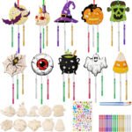 Halloween Wooden Paint Craft Kit, Handmade Decoration, Wind Chimes, Set of 12, Pumpkin, Black Cat, Painting, Freely Indoor, Decoration, DIY, Craft, Kids, Painting, Parties, Atmosphere, Original