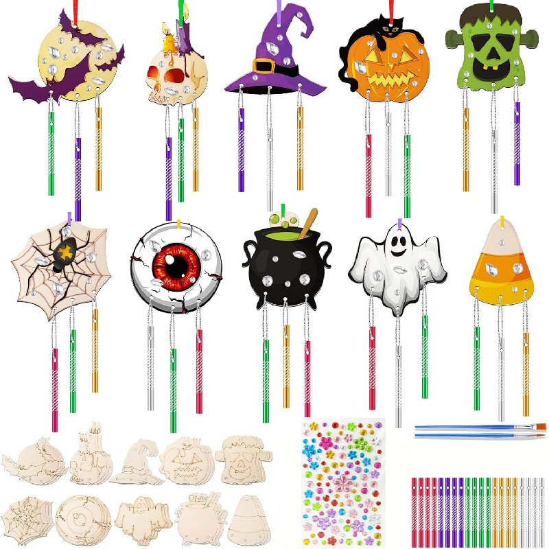 Halloween Wooden Paint Craft Kit, Handmade Decoration, Wind Chimes, Set of 12, Pumpkin, Black Cat, Painting, Freely Indoor, Decoration, DIY, Craft, Kids, Painting, Parties, Atmosphere, Original Halloween Wooden Paint Craft Kit, Handmade Decoration, Wind Chimes, Set of 12, Pumpkin, Black Cat, Painting, Freely Indoor, Decoration, DIY, Craft, Kids, Painting, Parties, Atmosphere, Original - Image 1