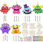 Fennoral 12 Pack Monster Wind Chime Kit for Kids Make Your Own Monster Wind Chime Wooden Arts and Crafts for Girls Boys DIY Painting for Art Activity Halloween Party Decoration Birthday Gifts