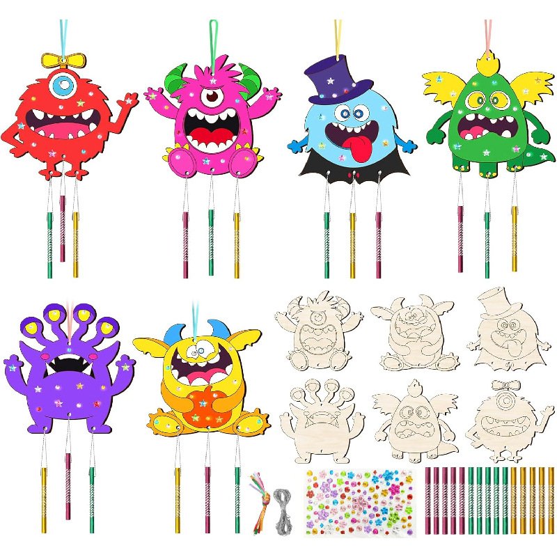 Fennoral 12 Pack Monster Wind Chime Kit for Kids Make Your Own Monster Wind Chime Wooden Arts and Crafts for Girls Boys DIY Painting for Art Activity Halloween Party Decoration Birthday Gifts Fennoral 12 Pack Monster Wind Chime Kit for Kids Make Your Own Monster Wind Chime Wooden Arts and Crafts for Girls Boys DIY Painting for Art Activity Halloween Party Decoration Birthday Gifts - Image 1