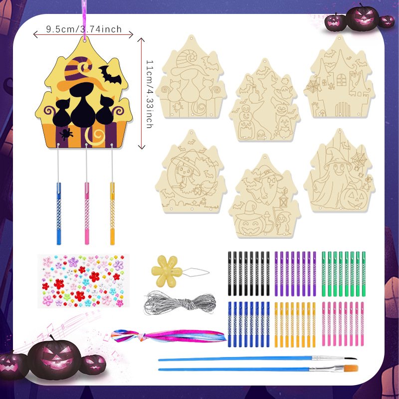 Halloween Wooden Paint Craft Kit, Handmade Decoration, Wind Chimes, Set of 12, Pumpkin, Black Cat, Painting, Freely Indoor, Decoration, DIY, Craft, Kids, Painting, Parties, Atmosphere Halloween Wooden Paint Craft Kit, Handmade Decoration, Wind Chimes, Set of 12, Pumpkin, Black Cat, Painting, Freely Indoor, Decoration, DIY, Craft, Kids, Painting, Parties - Image 1
