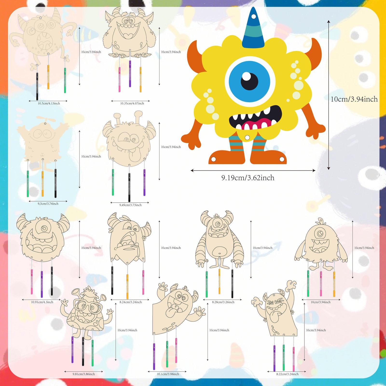 Fennoral Monster Wind Chime Kit 9 Pack Kids Personalized Monster Wind Chime Wooden Art & Craft Girls Boys DIY Painting Art Activity Halloween Party Decoration Birthday Gift Fennoral Monster Wind Chime Kit 9 Pack Kids Personalized Monster Wind Chime Wooden Art & Craft Girls Boys DIY Painting Art Activity Halloween Party Decoration Birthday Gift - Image 1