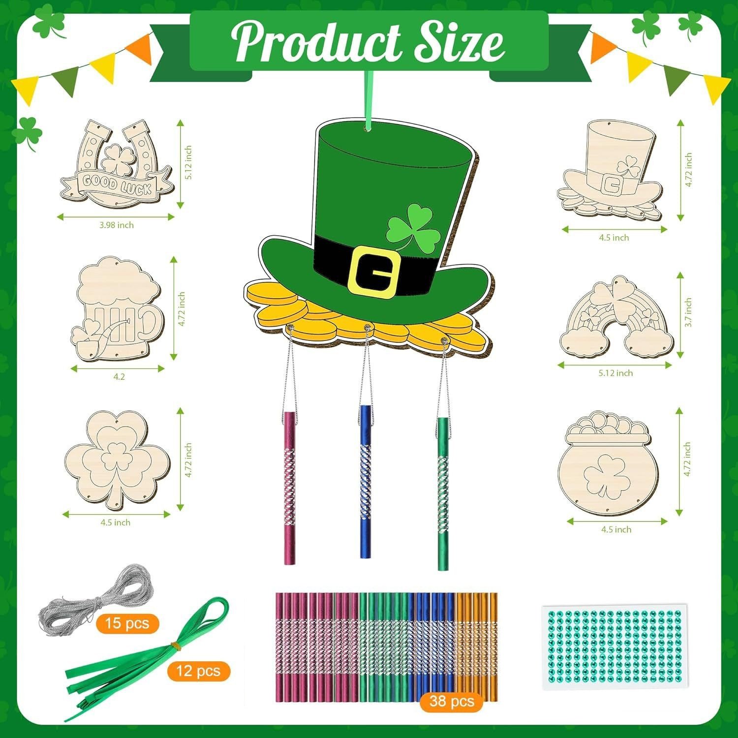 12 Pack St. Patricks Day Wind Chime Kit for Kids, Make You Own Lucky Irish Day Wind Chimes Shamrock Rainbow Wooden Ornaments for Children DIY Coloring Paint Saint Patrick's Day Wooden Art and Craft 12 Pack St. Patricks Day Wind Chime Kit for Kids, Make You Own Lucky Irish Day Wind Chimes Shamrock Rainbow Wooden Ornaments for Children DIY Coloring Paint Saint Patrick's Day Wooden Art and Craft - Image 1