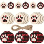 Christmas Dog Paw Wooden Ornaments Buffalo Plaid Paw Print Xmas Tree Hanging Tag Cat Claw Christmas Hanging Ornaments with Ropes for Christmas Holiday Tree Decor