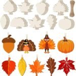 36 Pcs Fall Ornaments for Tree Fall Decorations Turkey Pumpkin Maple Leaves Acorn Wood Ornaments for Small Tree Autumn Thanksgiving Hanging Wood Cutout Decor