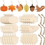 60 Pieces Fall Thanksgiving Unfinished Wooden Ornaments Maple Leaves Pumpkin Wood Cutout Squirrel Acorn Blank Wooden Ornament for Thanksgiving Party DIY Decor Supplies, 6 Styles