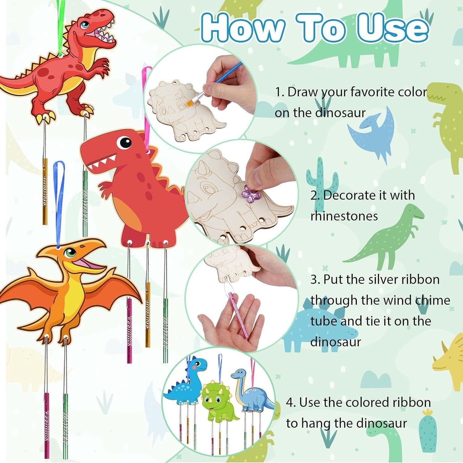 10 Pieces Dinosaur Wind Chime Craft Set Children's Birthday Craft Crafts for Painting, Wooden Craft Sets for Children with Diamond Sticker Brush for Christmas Halloween Crafts Outdoor Hanging 10 Pieces Dinosaur Wind Chime Craft Set Children's Birthday Craft Crafts for Painting, Wooden Craft Sets for Children with Diamond Sticker Brush for Christmas Halloween Crafts Outdoor Hanging - Image 1