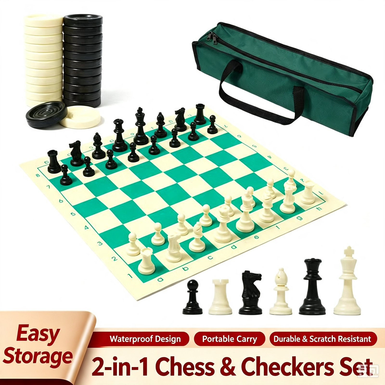 Outdoor Chess Tournament Set Portable 3 Sizes Leather Chessboard Large Size 3.75 Inches Chess and Card Entertainment Outdoor Chess Tournament Set Portable Leather Chessboard 3 Sizes Chess and Card Entertainment - Image 1